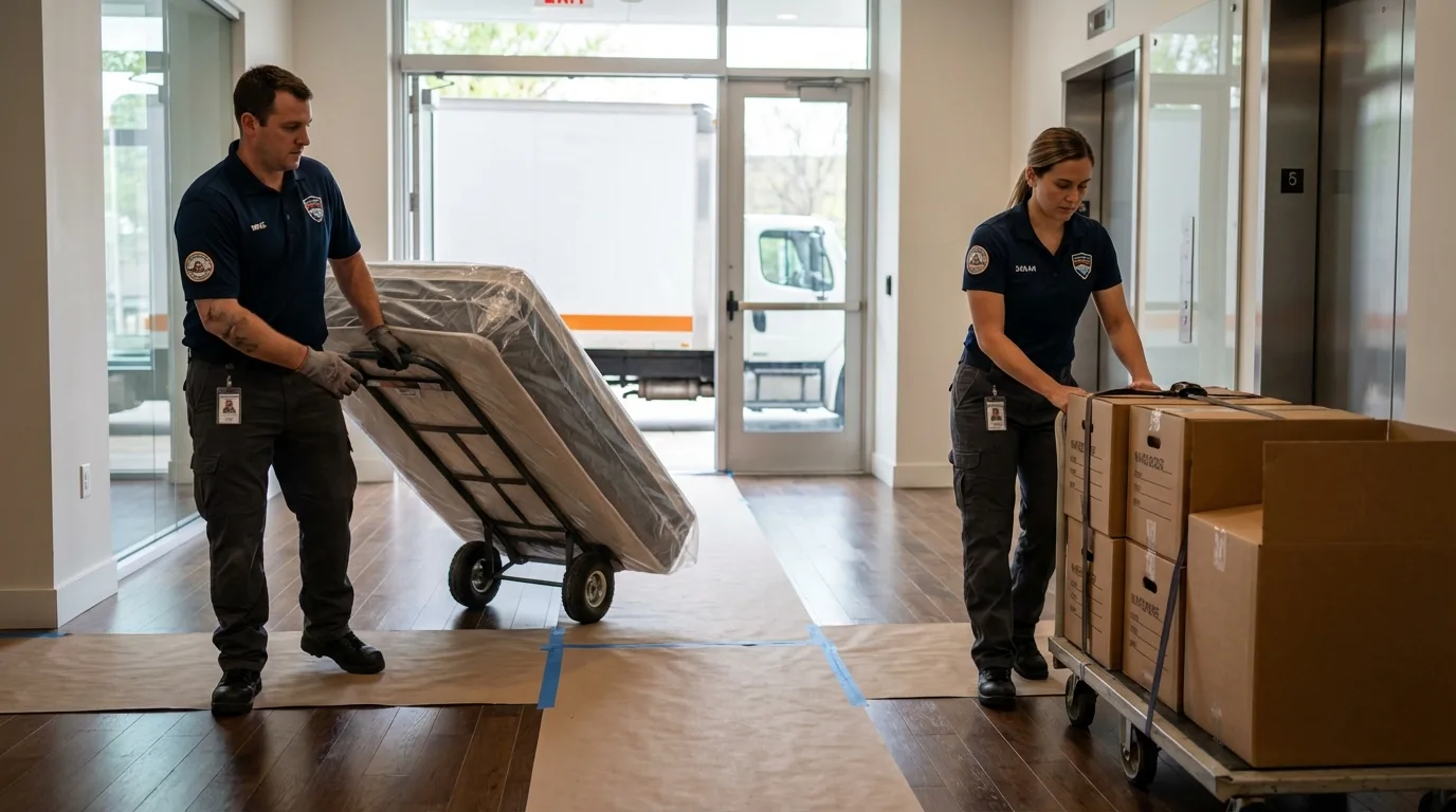 Professional apartment movers loading elevator in Clarksville, TN
