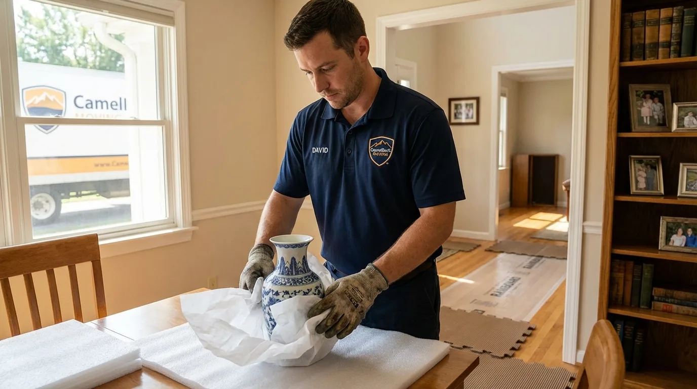Professional crew carefully wrapping antique vase for senior downsizing move in Clarksville, TN